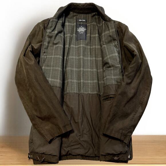 Vintage Nautica Waxed Field Coat Size M Brown Leather Collar Heritage Workwear - Picture 7 of 14